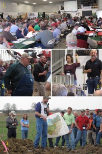 1) 300 farmers and soil lovers gather in a seed-cleaning barn 2) "guru" farmer Dave Brown shows-off an air-seeder that shoots cover crops seesd into 7 ft high corn! 3) USDA NRCS and helper demonstrate the destructive power of bad soil 4) soil scientists dig into the earth to look for worms and soil- indicators